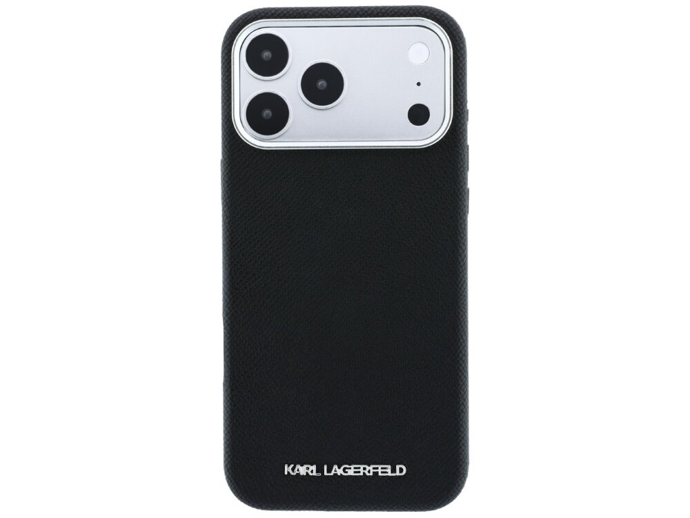 Czarne etui na telefon z trzema widocznymi obiektywami aparatu i logo \'KARL LAGERFELD\' na dole.