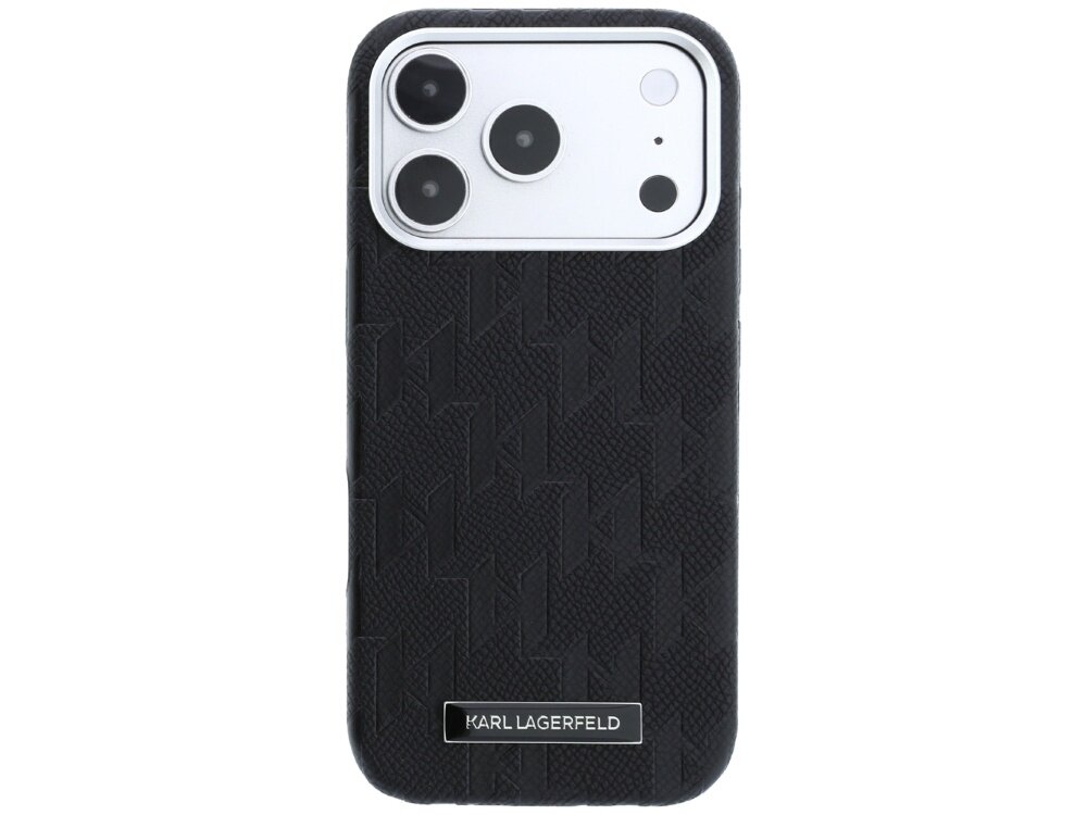 Czarne etui z teksturą i logo \'KARL LAGERFELD\' na dole, przeznaczone do telefonu z trzema widocznymi obiektywami aparatu.