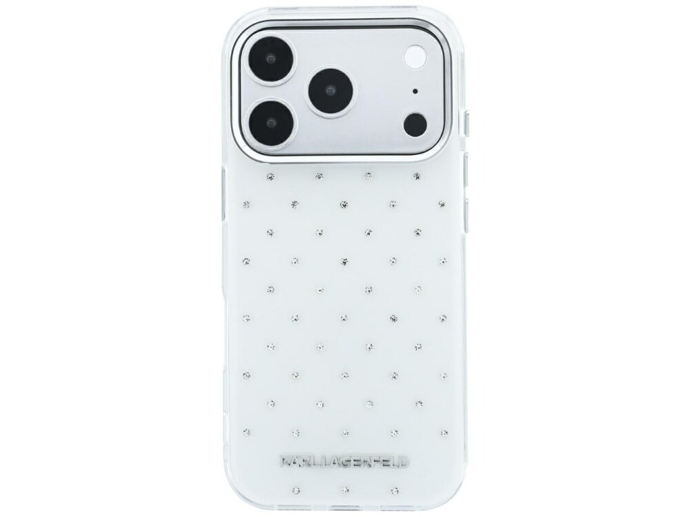 Białe etui na telefon z trzema dużymi otworami na aparaty i drobnymi ozdobnymi kamieniami na powierzchni. Na dole widoczne jest logo \'KARL LAGERFELD\'.