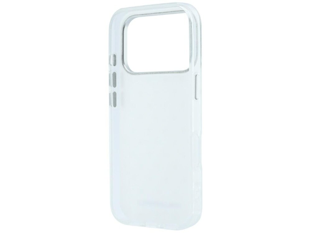 Przezroczyste etui na telefon z dużym otworem na aparat i przyciskami po boku. Na dole widoczne jest subtelne logo producenta.