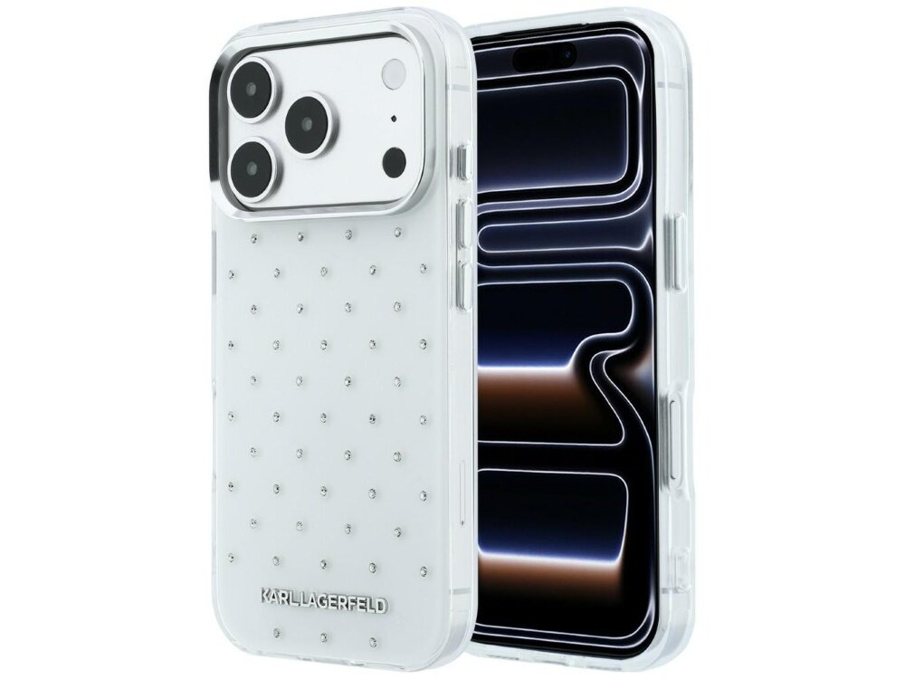 Białe etui na telefon z trzema dużymi otworami na aparaty i drobnymi zdobieniami w postaci kamieni. Na dole widoczny jest napis \'KARL LAGERFELD\'.