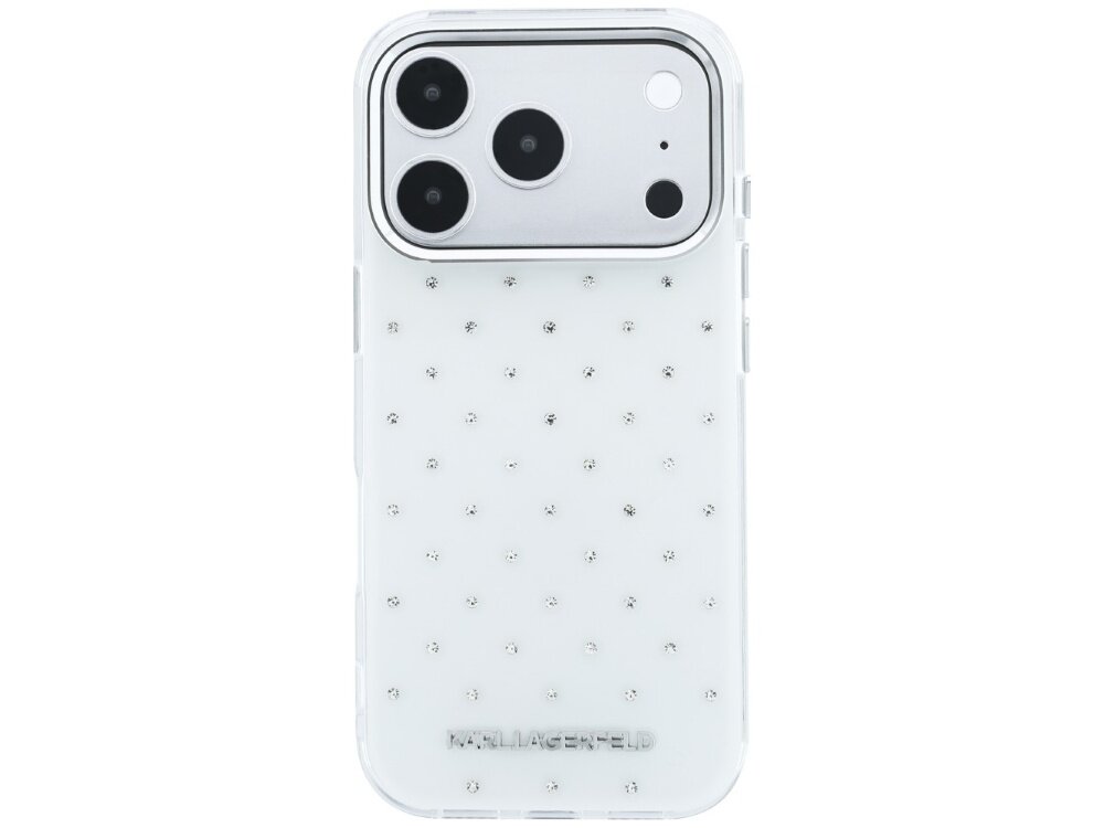 Białe etui na telefon z trzema dużymi otworami na aparaty i drobnymi kryształkami na powierzchni. Na dole widoczny jest napis \'KARL LAGERFELD\'.