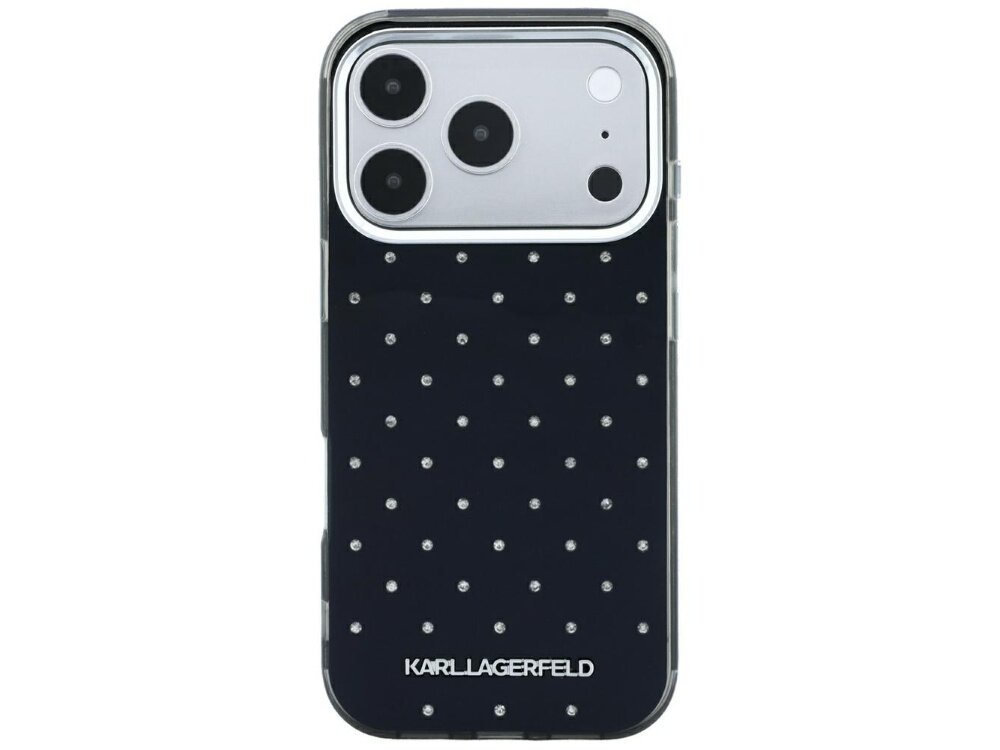 Czarne etui na telefon z drobnymi, błyszczącymi elementami rozmieszczonymi równomiernie na powierzchni. Na dole widoczny jest napis \'KARL LAGERFELD\'.