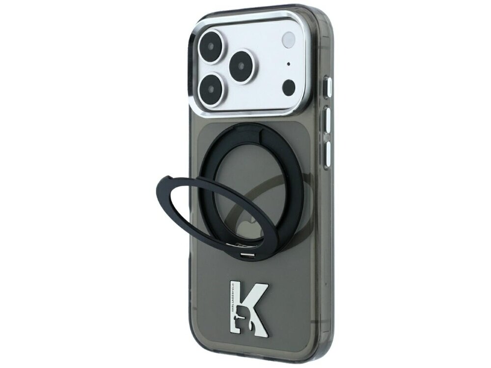 Etui na telefon z przezroczystym tyłem i czarnym pierścieniem na środku. Na dole widoczne jest logo z literą \'K\'.