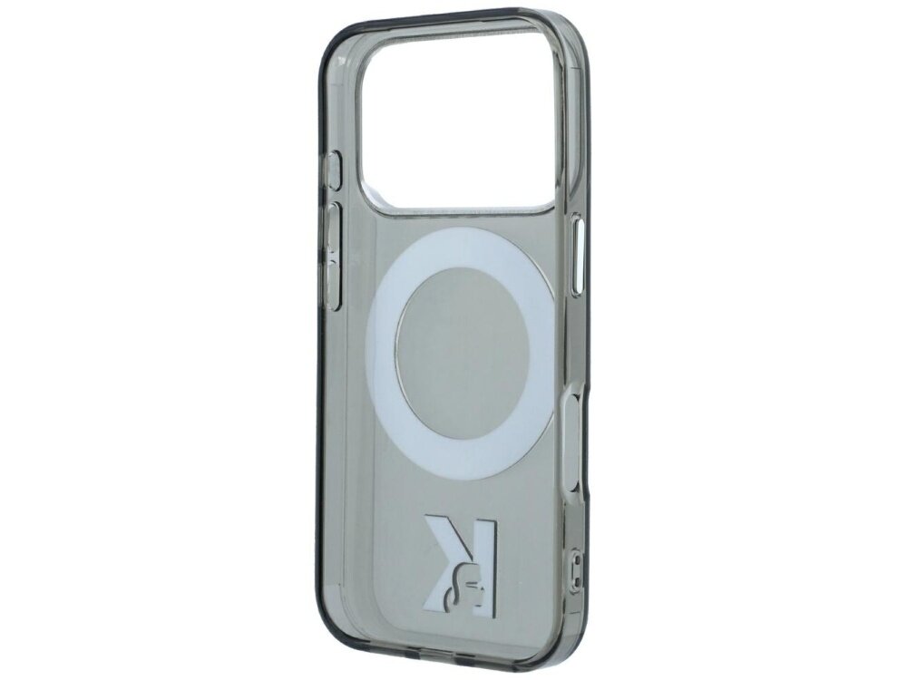 Przezroczyste etui z dużym okrągłym elementem w środku i literami \'K\' oraz \'L\' na dole. Etui ma wycięcie na aparat i przyciski boczne.