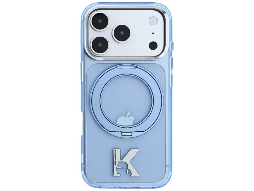 Niebieskie etui na telefon z okrągłym uchwytem i logo w kształcie litery K. Widoczny jest również symbol jabłka na środku etui.