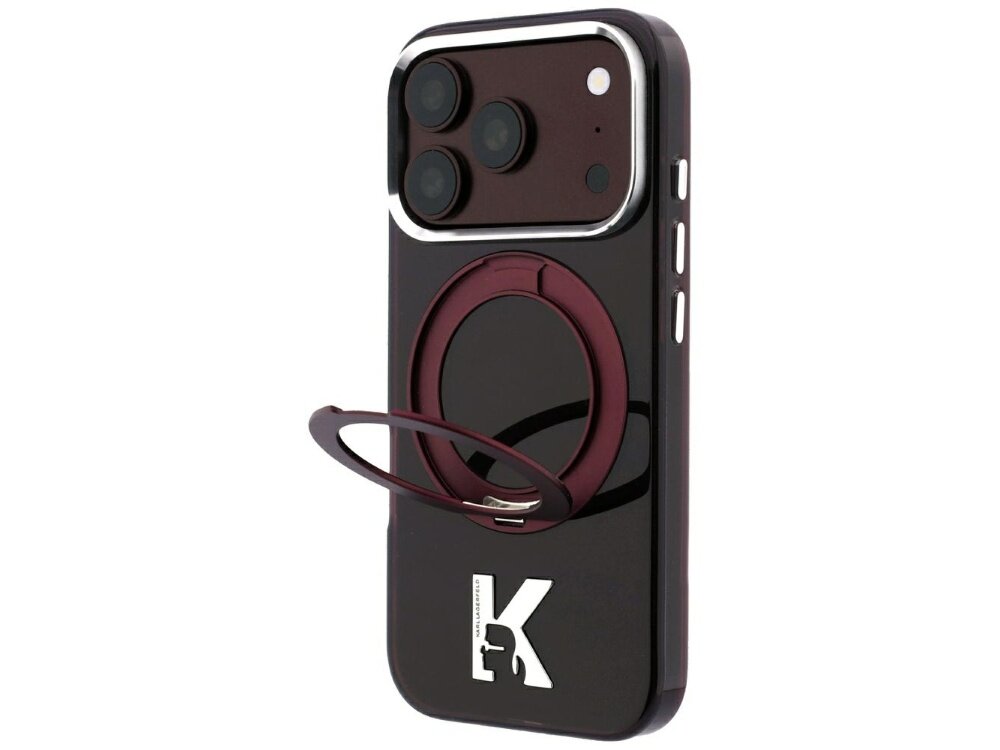 Etui na telefon w kolorze burgundowym z metalowym pierścieniem na tylnej części. Na dole widoczne jest logo w kształcie litery \'K\'.