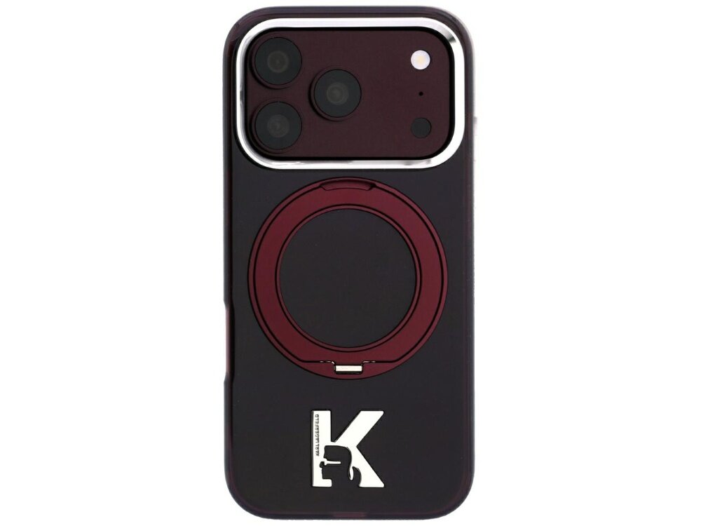 Etui na telefon w kolorze burgundowym z okrągłym uchwytem i logo \'KARL LAGERFELD\' na dole. Widoczny jest aparat telefonu z trzema obiektywami.