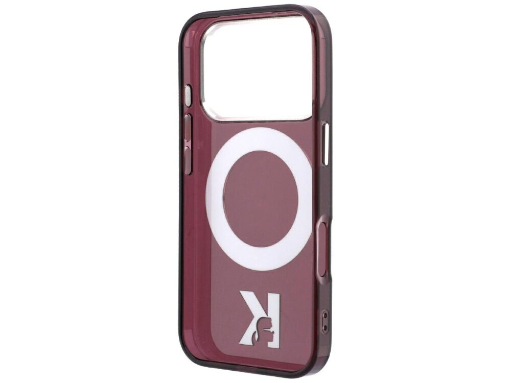 Burgundowe etui na telefon z dużym białym okręgiem i literą \'K\' na dole. Etui ma wycięcie na aparat i przyciski boczne.