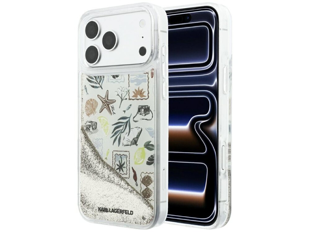 Etui na telefon z przezroczystego materiału z motywem plażowym, zawierające elementy takie jak muszle i rozgwiazdy oraz napis \'KARL LAGERFELD\'. Wewnątrz etui widoczny jest telefon z wyświetlaczem pokazującym abstrakcyjny wzór.