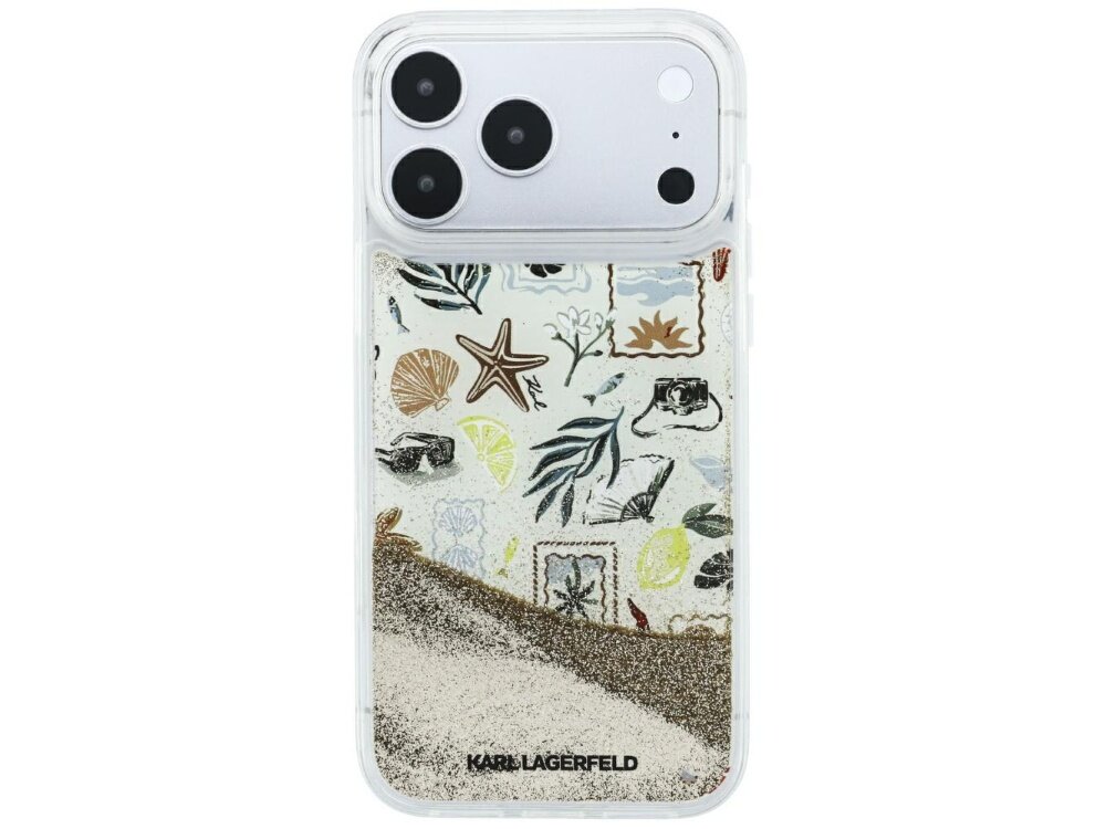 Etui na telefon z motywem plażowym, ozdobione grafikami muszelek, rozgwiazd i liści, z widocznym logo \'KARL LAGERFELD\' na dole. W tle widać aparat telefonu z trzema obiektywami.