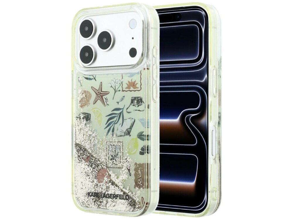 Etui na telefon z przezroczystego materiału z motywem plażowym, zawierające elementy takie jak rozgwiazdy i muszle oraz płynne brokatowe wypełnienie. Na dole widoczne jest logo \'KARL LAGERFELD\'.