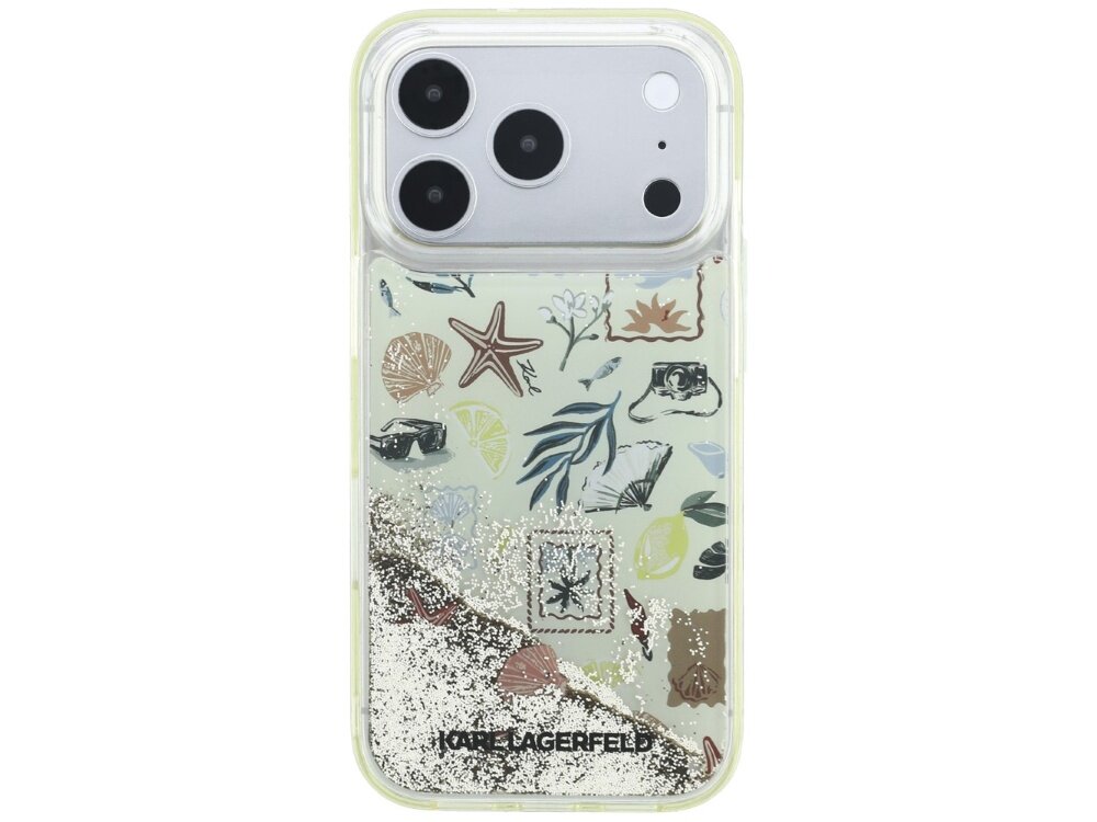 Etui na telefon z motywem plażowym, ozdobione grafikami muszelek, rozgwiazd i liści, z efektem brokatu. Na dole widoczne jest logo \'KARL LAGERFELD\'.