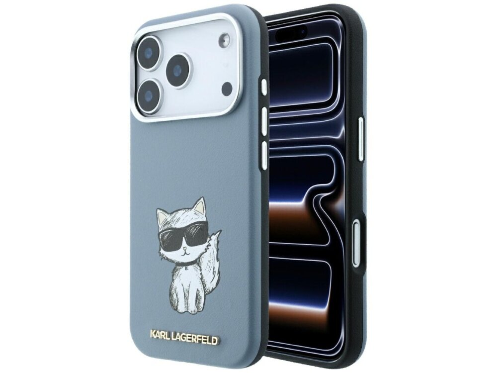 Jasnoniebieskie etui na telefon z rysunkiem kota w okularach przeciwsłonecznych i napisem \'KARL LAGERFELD\' na dole. Obok etui widoczny jest telefon z wyświetlaczem pokazującym abstrakcyjny wzór.
