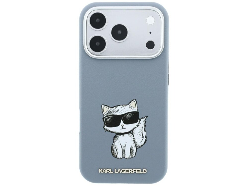 Jasnoniebieskie etui z rysunkiem kota w okularach przeciwsłonecznych. Na dole widoczny jest napis \'KARL LAGERFELD\'.