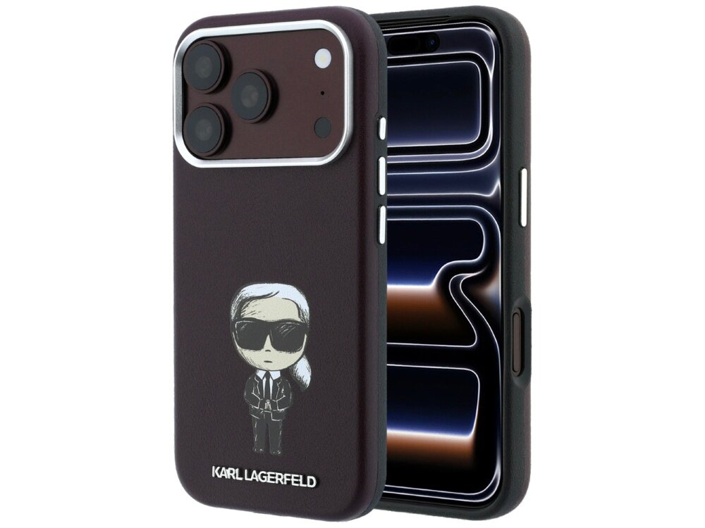 Burgundowe etui na telefon z grafiką postaci w okularach przeciwsłonecznych i napisem \'KARL LAGERFELD\'. Etui posiada wycięcia na aparat i przyciski boczne.