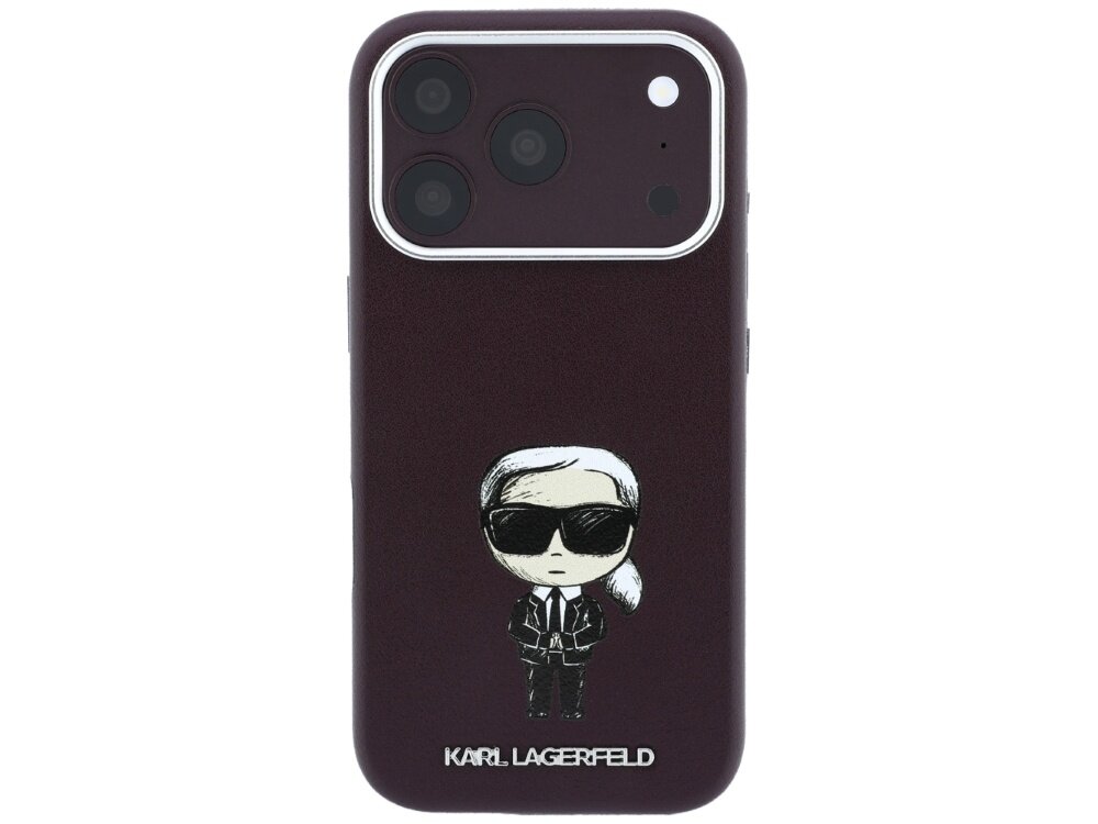 Burgundowe etui na telefon z grafiką postaci w okularach przeciwsłonecznych i napisem \'KARL LAGERFELD\' na dole. W górnej części widoczne są trzy obiektywy aparatu telefonu.