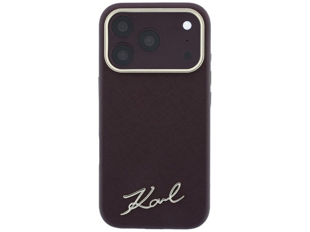 Burgundowe etui na telefon z trzema widocznymi obiektywami aparatu i metalowym napisem \'Karl\' na dole. Etui ma teksturę przypominającą skórę saffiano.
