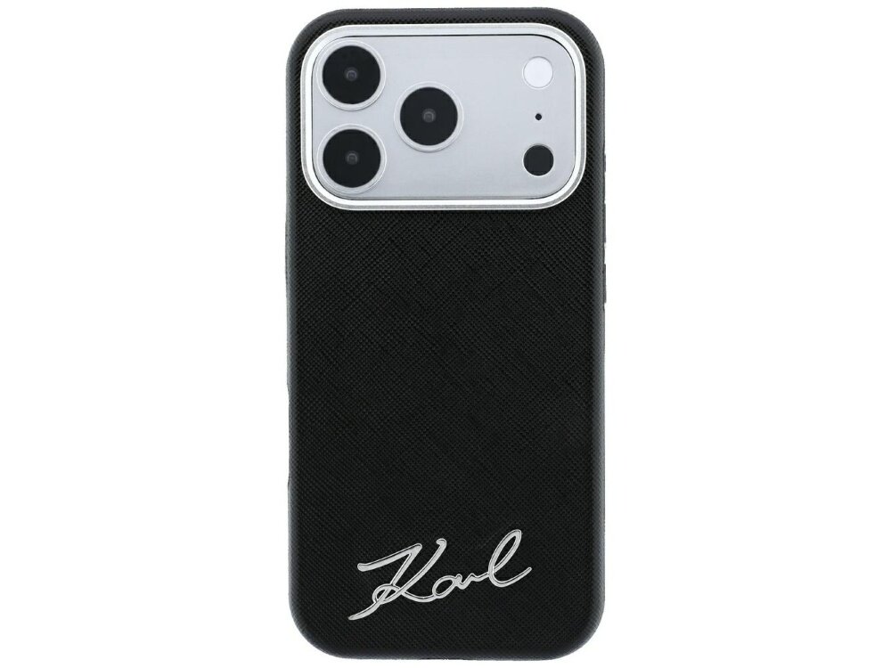 Czarne etui na telefon z trzema dużymi otworami na aparaty i napisem \'Karl\' w dolnej części. Etui ma teksturę przypominającą skórę saffiano.