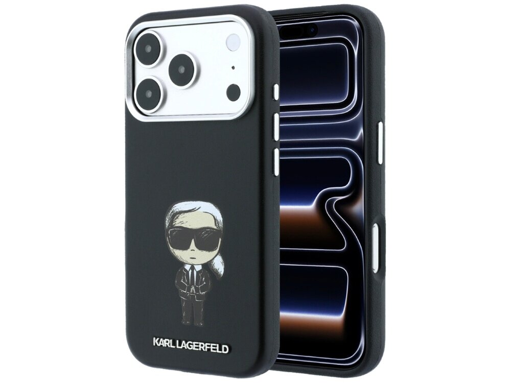 Czarne etui na telefon z grafiką postaci w okularach przeciwsłonecznych i napisem \'KARL LAGERFELD\'. Etui jest dopasowane do telefonu z trzema aparatami i przyciskami bocznymi.