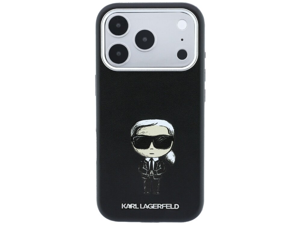 Czarne etui na telefon z grafiką postaci w okularach przeciwsłonecznych i napisem \'KARL LAGERFELD\' na dole. Widoczny jest aparat telefonu z trzema obiektywami.