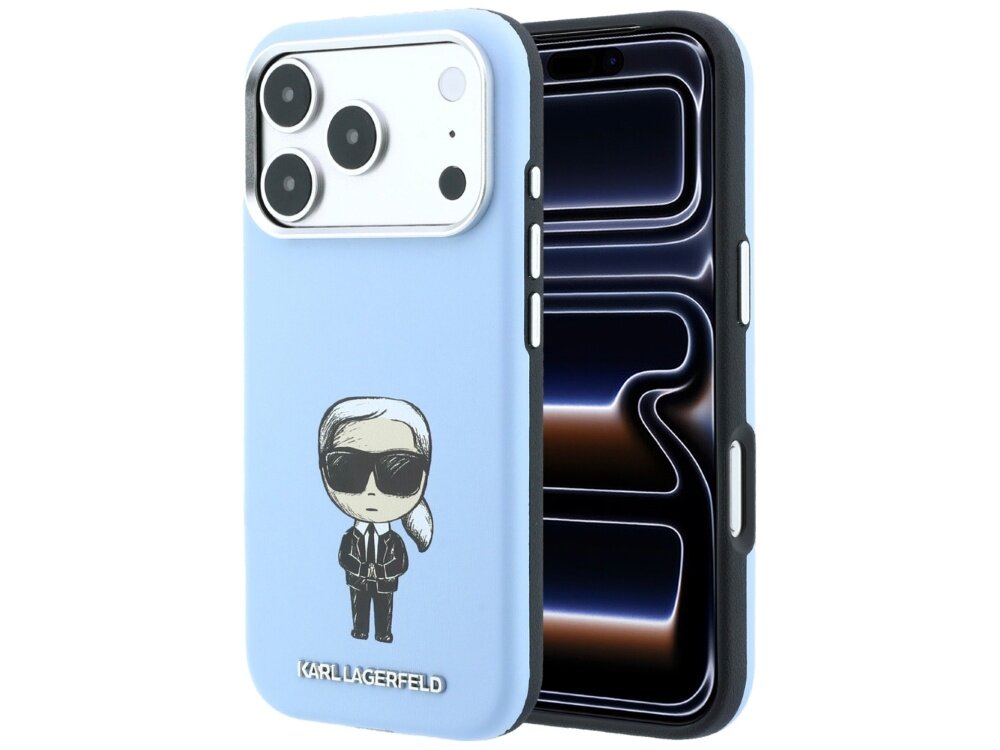 Jasnoniebieskie etui na telefon z grafiką postaci w okularach przeciwsłonecznych i napisem \'KARL LAGERFELD\'. Etui jest dopasowane do telefonu z trzema widocznymi obiektywami aparatu.
