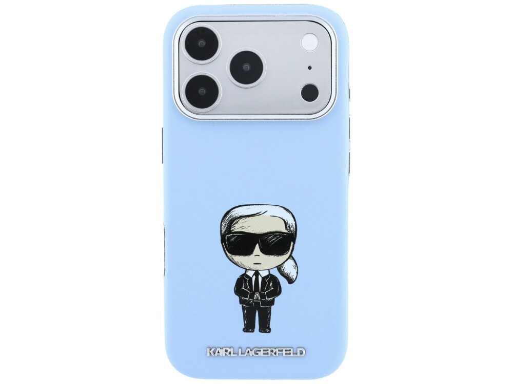 Jasnoniebieskie etui na telefon z grafiką postaci w okularach przeciwsłonecznych i napisem \'KARL LAGERFELD\' na dole. Etui posiada wycięcia na aparat z trzema obiektywami.