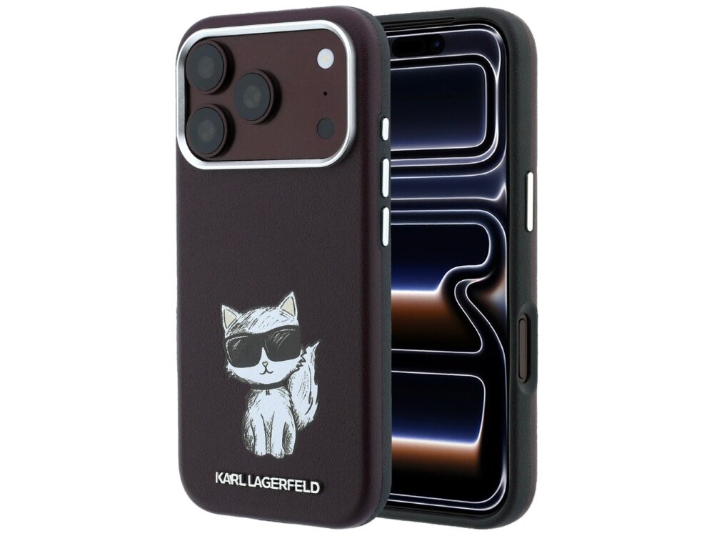 Burgundowe etui na telefon z grafiką kota w okularach przeciwsłonecznych oraz napisem \'KARL LAGERFELD\'. Etui posiada wycięcia na aparat i przyciski boczne.