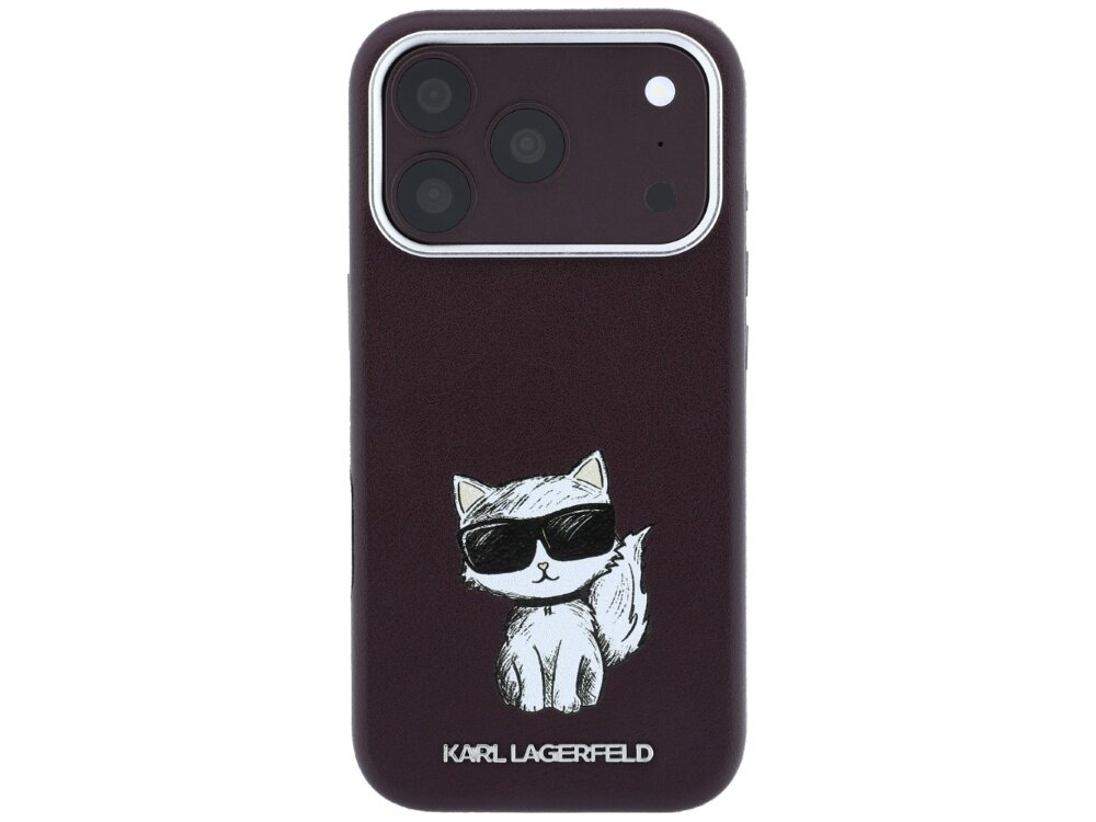 Burgundowe etui na telefon z rysunkiem kota w okularach przeciwsłonecznych. Na dole widoczny jest napis \'KARL LAGERFELD\'.