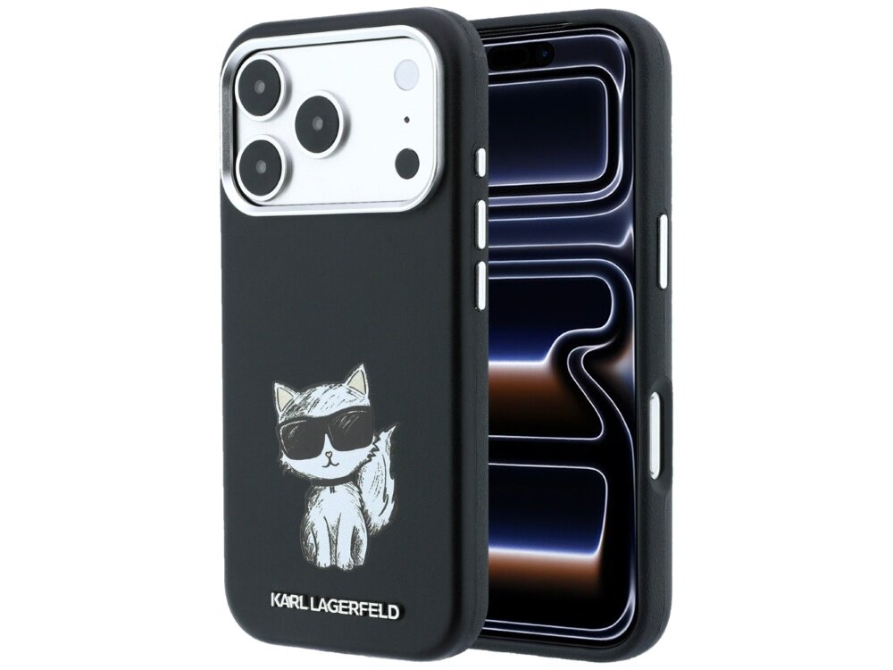 Czarne etui na telefon z rysunkiem kota w okularach przeciwsłonecznych i napisem \'KARL LAGERFELD\'.