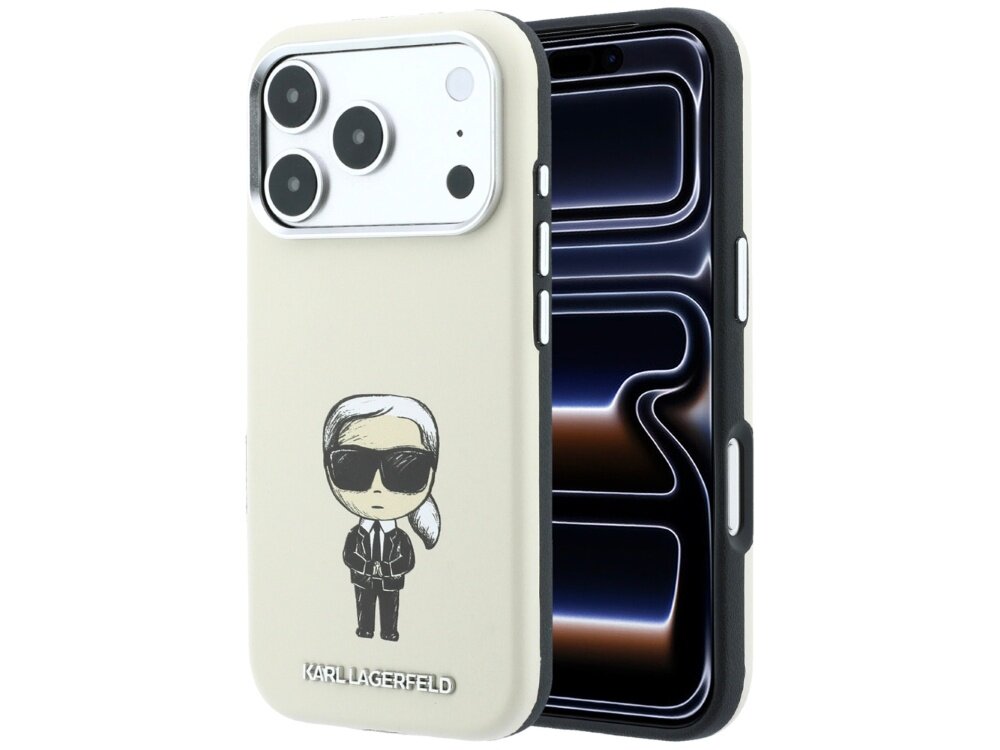 Beżowe etui na telefon z grafiką postaci w okularach przeciwsłonecznych i napisem \'KARL LAGERFELD\'. Widoczny jest również telefon z trzema obiektywami aparatu.