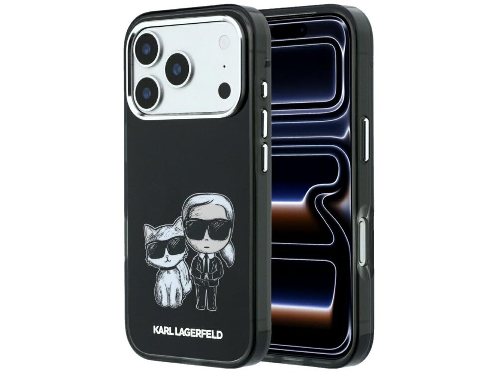 Czarne etui na telefon z grafiką przedstawiającą postać w okularach przeciwsłonecznych i kota. Na dole widoczny jest napis \'KARL LAGERFELD\'.