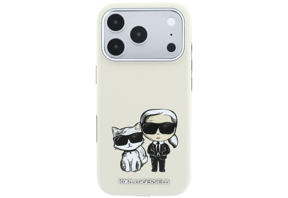 Beżowe etui na telefon z grafiką przedstawiającą postać w okularach przeciwsłonecznych oraz kota. Na dole widoczny jest napis \'KARL LAGERFELD\'.
