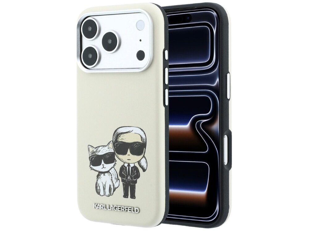 Beżowe etui na telefon z grafiką przedstawiającą postać w okularach przeciwsłonecznych i kota. Na dole widoczny jest napis \'KARL LAGERFELD\'.