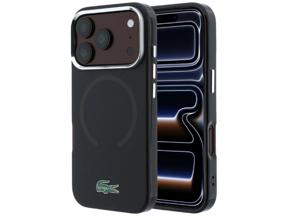 Etui na telefon w kolorze burgundowym z widocznym logo krokodyla na dole. Obok etui znajduje się telefon z wyświetlaczem pokazującym abstrakcyjny wzór.