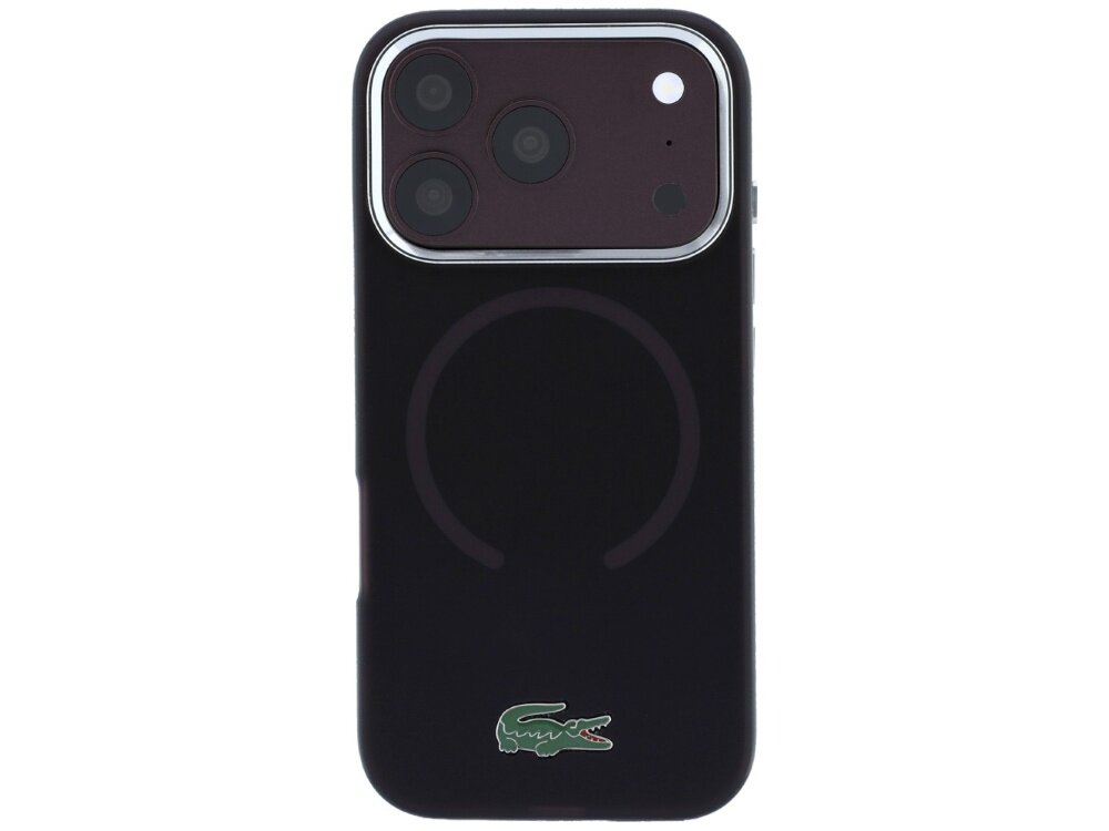 Na obrazie widoczne jest etui na telefon w kolorze burgundowym z logo krokodyla. Etui posiada okrągły wzór sugerujący kompatybilność z MagSafe.