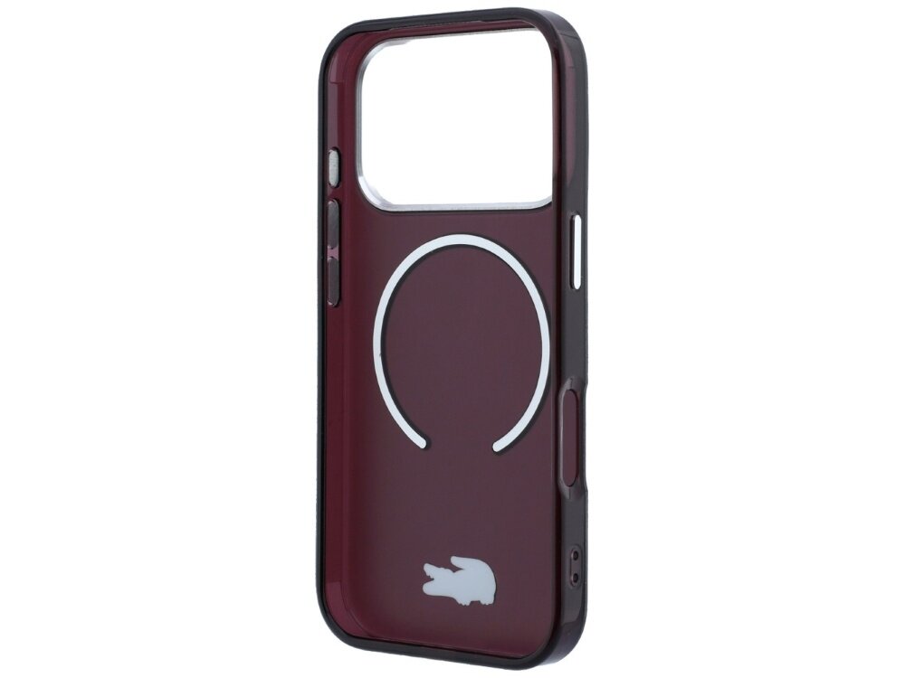 Burgundowe etui z logo krokodyla i okrągłym wzorem na środku, przeznaczone do telefonu Apple iPhone. Etui posiada wycięcia na przyciski i aparat.