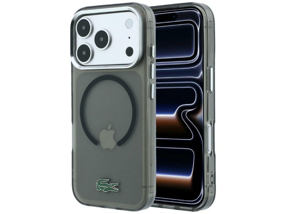 Etui na telefon z przezroczystym tyłem, widocznym logo Apple i okręgiem MagSafe. Na dole znajduje się logo krokodyla.