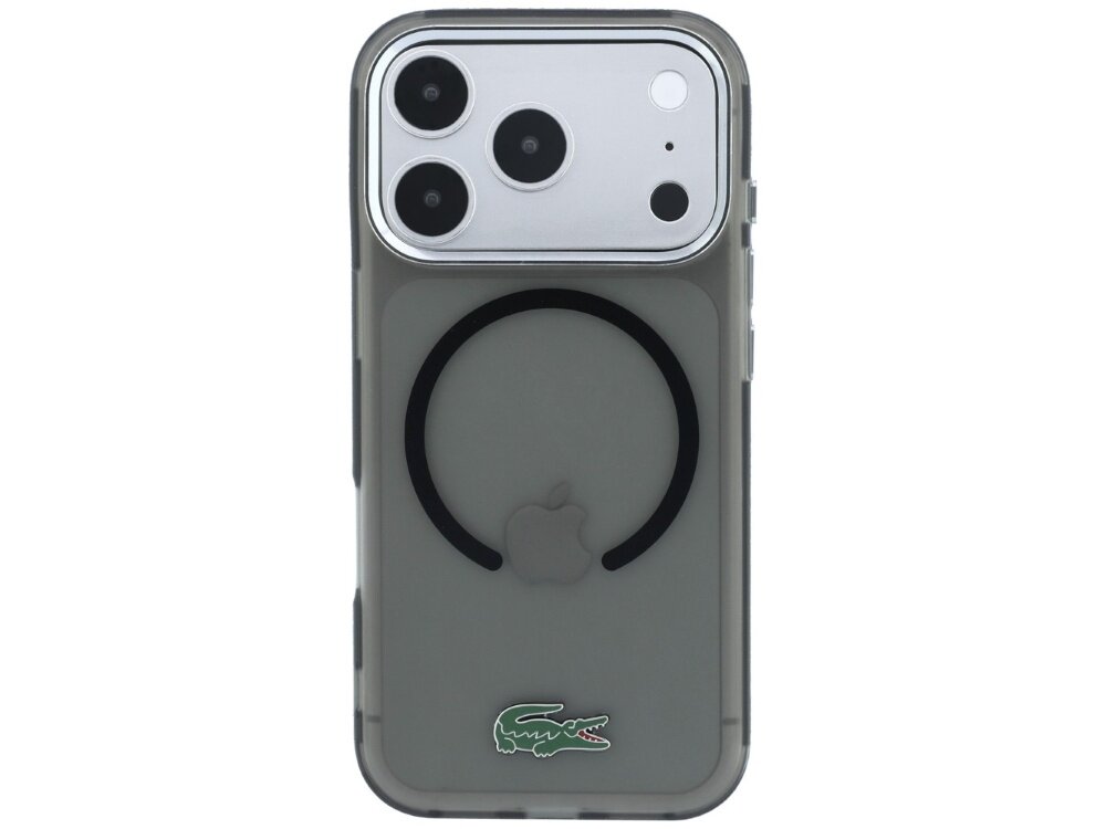 Etui na telefon z trzema dużymi otworami na aparaty oraz logo w kształcie krokodyla na dole. Na środku widoczny jest okrągły wzór z logo Apple.