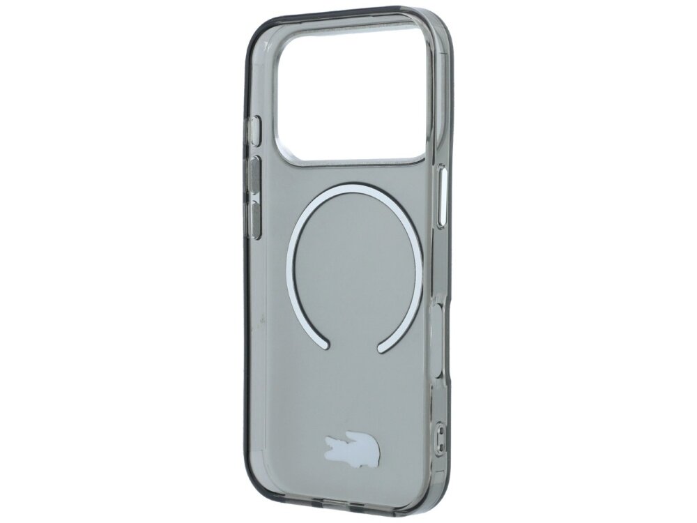 Przezroczyste etui z okrągłym wzorem MagSafe i białym logo krokodyla na dole. Etui ma wycięcia na przyciski i aparat.