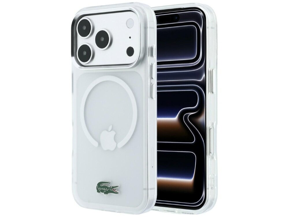 Przezroczyste etui na telefon z widocznym logo Apple i krokodyla. Etui posiada okrągły wzór MagSafe i jest przeznaczone do iPhone\'a z trzema aparatami.
