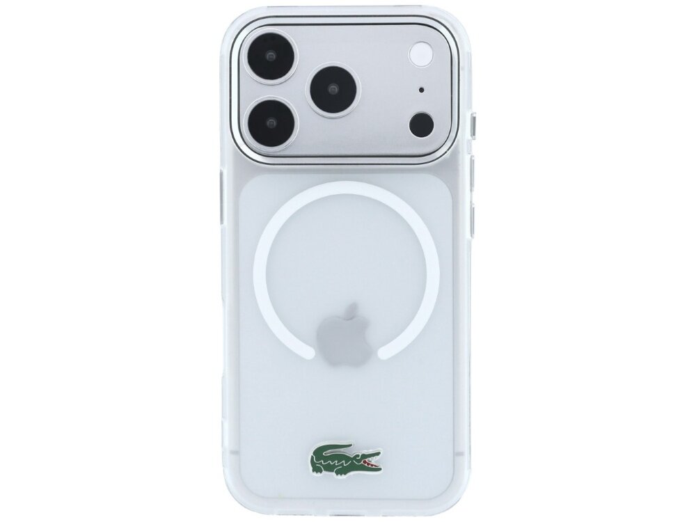 Przezroczyste etui na telefon z widocznym logo Apple i Lacoste. Etui posiada okrągły wzór MagSafe na tylnej części.