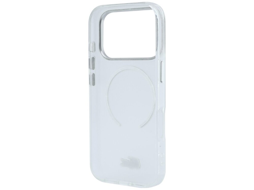 Przezroczyste etui na telefon z dużym otworem na aparat i okrągłym wzorem na środku. Na dole widoczne jest logo w kształcie krokodyla.