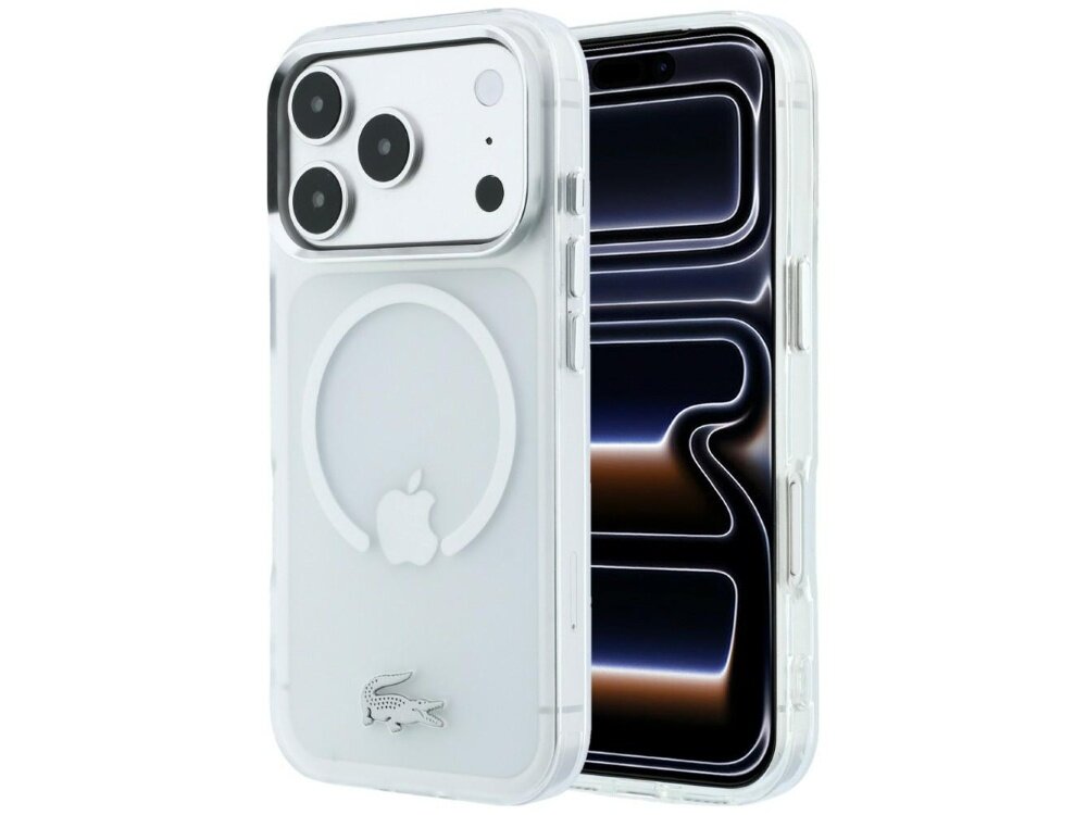 Przezroczyste etui na telefon z widocznym logo Apple i symbolem MagSafe. Na dole etui znajduje się logo krokodyla.