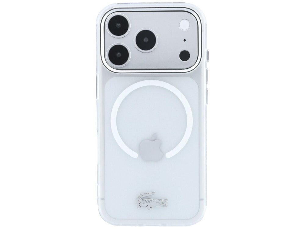 Przezroczyste etui na telefon z widocznym logo Apple i symbolem krokodyla na dole. Etui posiada okrągły wzór na środku, sugerujący kompatybilność z MagSafe.