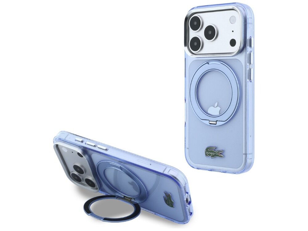 Niebieskie etui na telefon z przezroczystym wykończeniem i wbudowanym uchwytem pierścieniowym. Widoczne logo krokodyla oraz symbol jabłka na tylnej części etui.