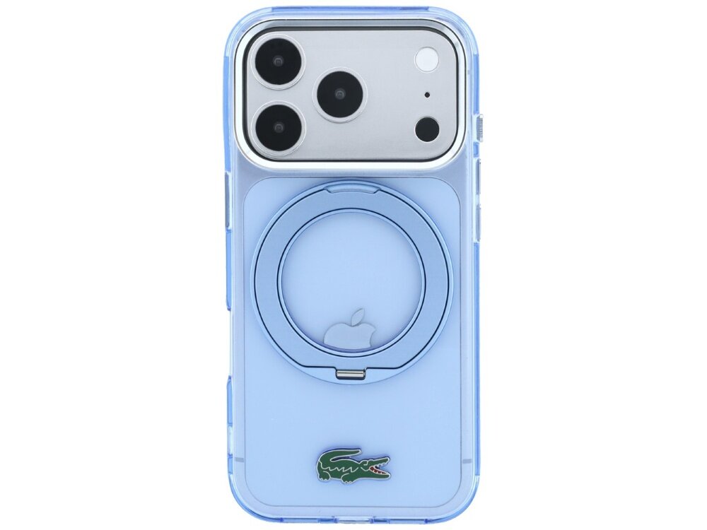 Niebieskie etui na telefon z przezroczystym wykończeniem i wbudowanym uchwytem pierścieniowym MagSafe. Na dole widoczne jest logo krokodyla.