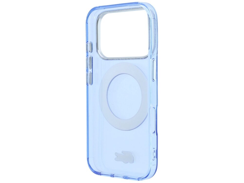 Przezroczyste, niebieskie etui na telefon z okrągłym wycięciem na MagSafe i małym logo krokodyla na dole.