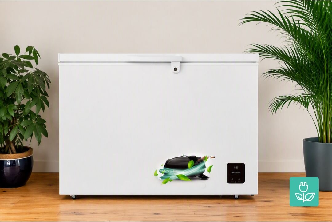 ZAMRAŻARKA GORENJE FH30EAW Biała zamrażarka skrzyniowa ustawiona pomiędzy roślinami doniczkowymi. Na froncie widoczne są grafika sprężarki oraz panel sterowania sprężarka inwerterowa cicha praca oszczędność energii skuteczne chłodzenie