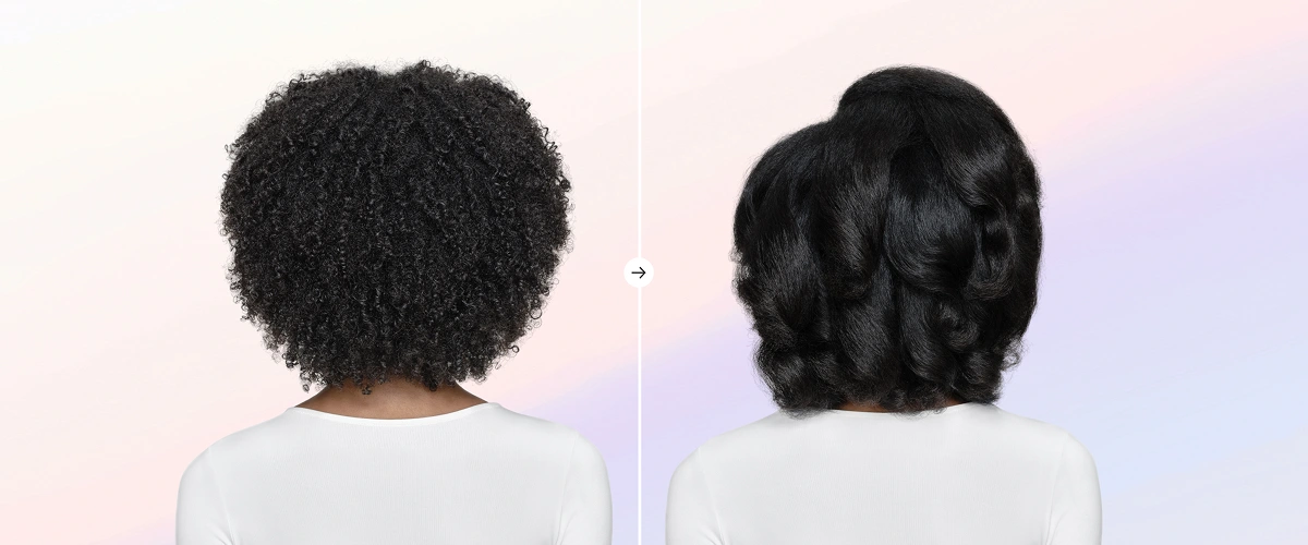 Stylizacja włosów afro u modelki – porównanie przed i po z gładko wymodelowanymi włosami urządzeniem Dyson Airsmooth.